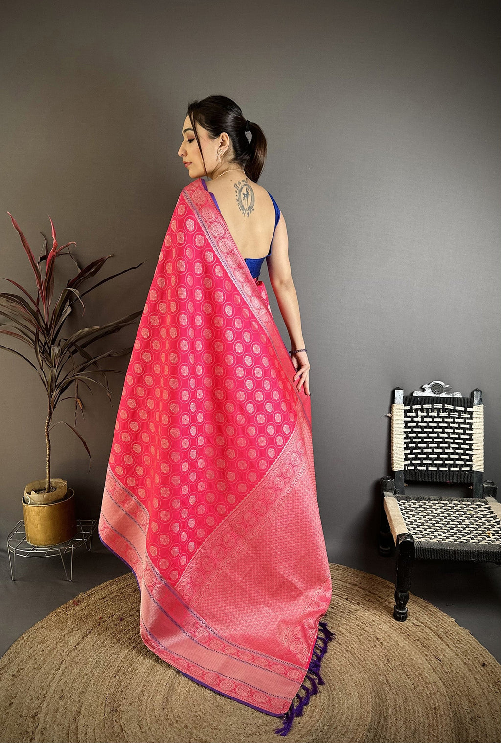 Elora Rani Pink Banarasi Silk Woven Design Kanjivaram Sarees | Grocsy