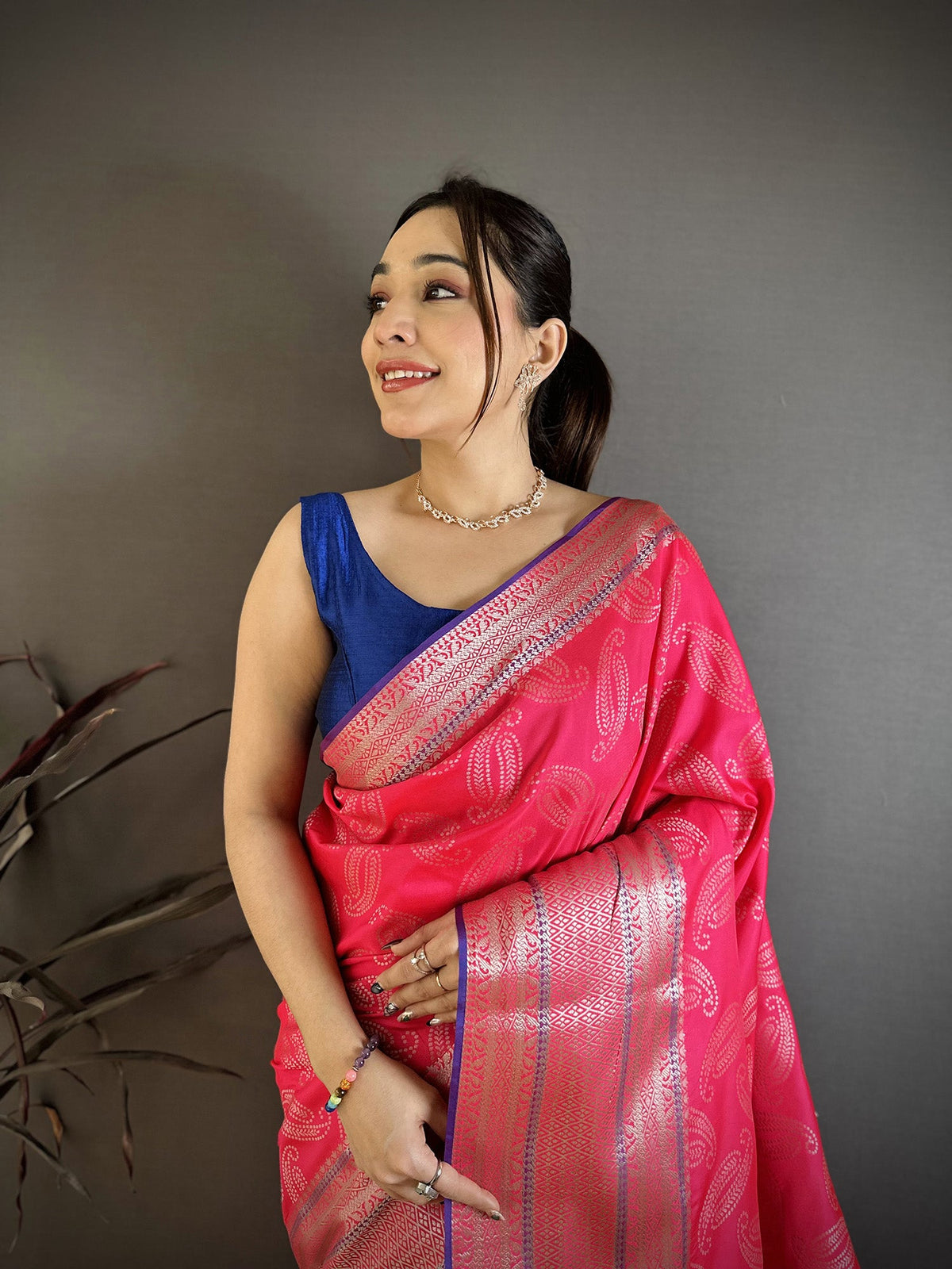 Elora Magenta Banarasi Silk Paisley Butti Kanjivaram Sarees | Grocsy