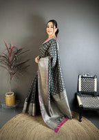 Elora Black Banarasi Silk Geometric Butta Kanjivaram Sarees | Grocsy