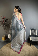 Elora Black Banarasi Silk Geometric Butta Kanjivaram Sarees | Grocsy