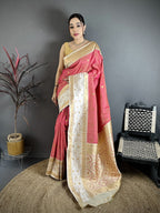 Elora Pink Soft Silk Small Floral Zari Butti Gold Zari Weaving Banarasi Saree | Grocsy