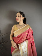 Elora Pink Soft Silk Small Floral Zari Butti Gold Zari Weaving Banarasi Saree | Grocsy