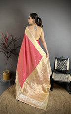 Elora Pink Soft Silk Small Floral Zari Butti Gold Zari Weaving Banarasi Saree | Grocsy