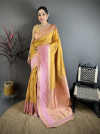 Elora Mustard Yellow Soft Silk Small Floral Zari Butti Gold Zari Weaving Banarasi Saree | Grocsy