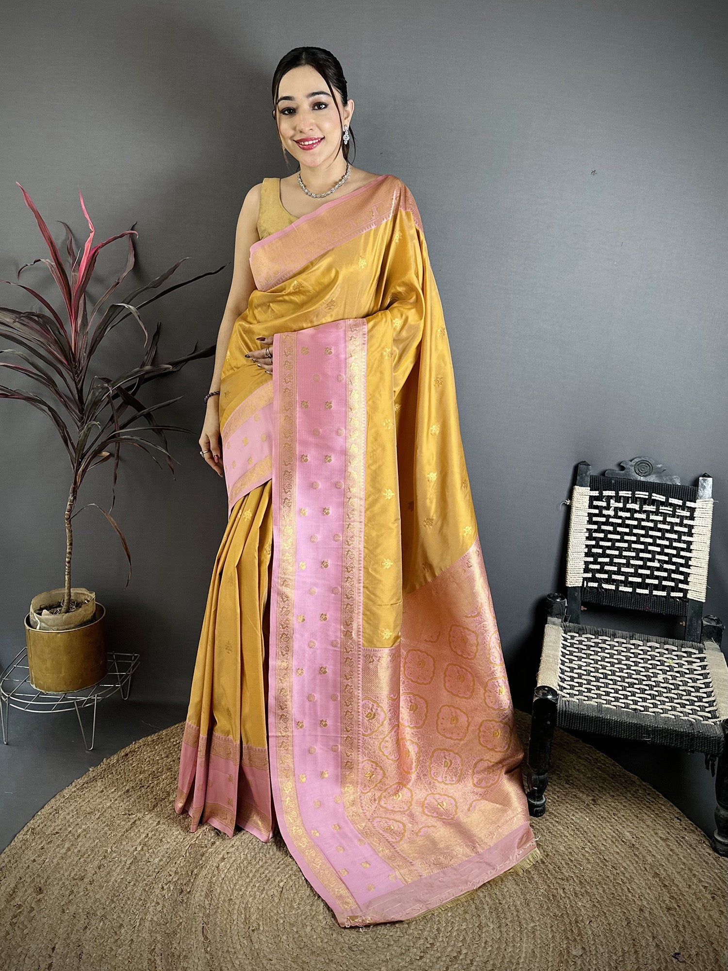 Elora Mustard Yellow Soft Silk Small Floral Zari Butti Gold Zari Weaving Banarasi Saree | Grocsy