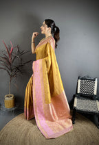 Elora Mustard Yellow Soft Silk Small Floral Zari Butti Gold Zari Weaving Banarasi Saree | Grocsy