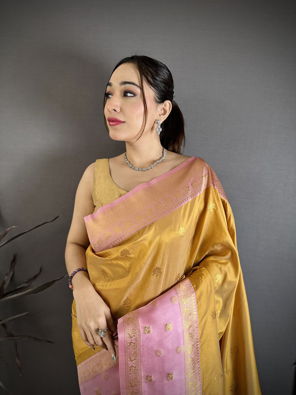 Elora Mustard Yellow Soft Silk Small Floral Zari Butti Gold Zari Weaving Banarasi Saree | Grocsy
