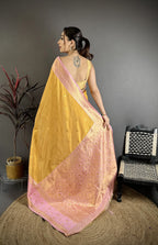 Elora Mustard Yellow Soft Silk Small Floral Zari Butti Gold Zari Weaving Banarasi Saree | Grocsy