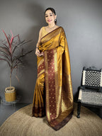 Elora Golden Bronze Soft Silk Small Floral Zari Butti Gold Zari Weaving Banarasi Saree | Grocsy