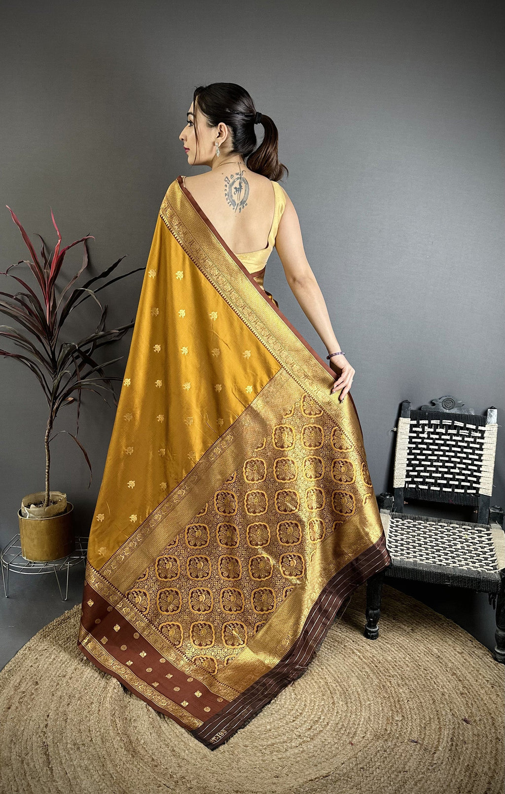 Elora Golden Bronze Soft Silk Small Floral Zari Butti Gold Zari Weaving Banarasi Saree | Grocsy