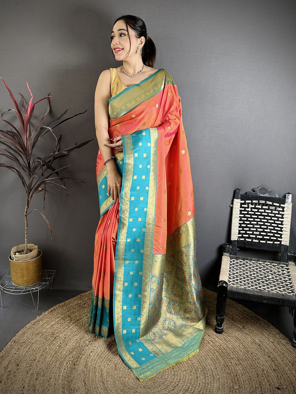 Elora Coral Pink Soft Silk Small Floral Zari Butti Gold Zari Weaving Banarasi Saree | Grocsy