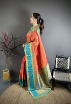 Elora Coral Pink Soft Silk Small Floral Zari Butti Gold Zari Weaving Banarasi Saree | Grocsy