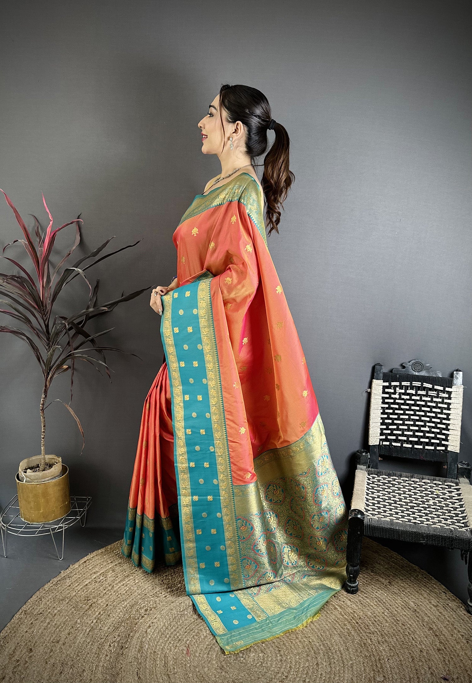 Elora Coral Pink Soft Silk Small Floral Zari Butti Gold Zari Weaving Banarasi Saree | Grocsy