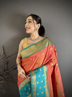 Elora Coral Pink Soft Silk Small Floral Zari Butti Gold Zari Weaving Banarasi Saree | Grocsy