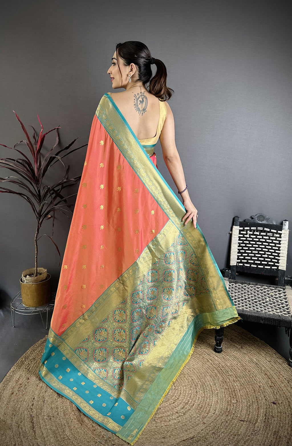 Elora Coral Pink Soft Silk Small Floral Zari Butti Gold Zari Weaving Banarasi Saree | Grocsy