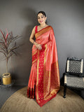 Elora Peach Soft Silk Small Floral Zari Butti Gold Zari Weaving Banarasi Saree | Grocsy