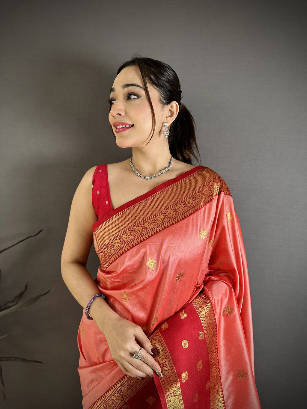 Elora Peach Soft Silk Small Floral Zari Butti Gold Zari Weaving Banarasi Saree | Grocsy