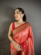 Elora Peach Soft Silk Small Floral Zari Butti Gold Zari Weaving Banarasi Saree | Grocsy