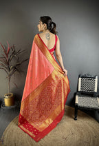 Elora Peach Soft Silk Small Floral Zari Butti Gold Zari Weaving Banarasi Saree | Grocsy