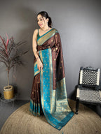 Elora Coffee Brown Soft Silk Small Floral Zari Butti Gold Zari Weaving Banarasi Saree | Grocsy