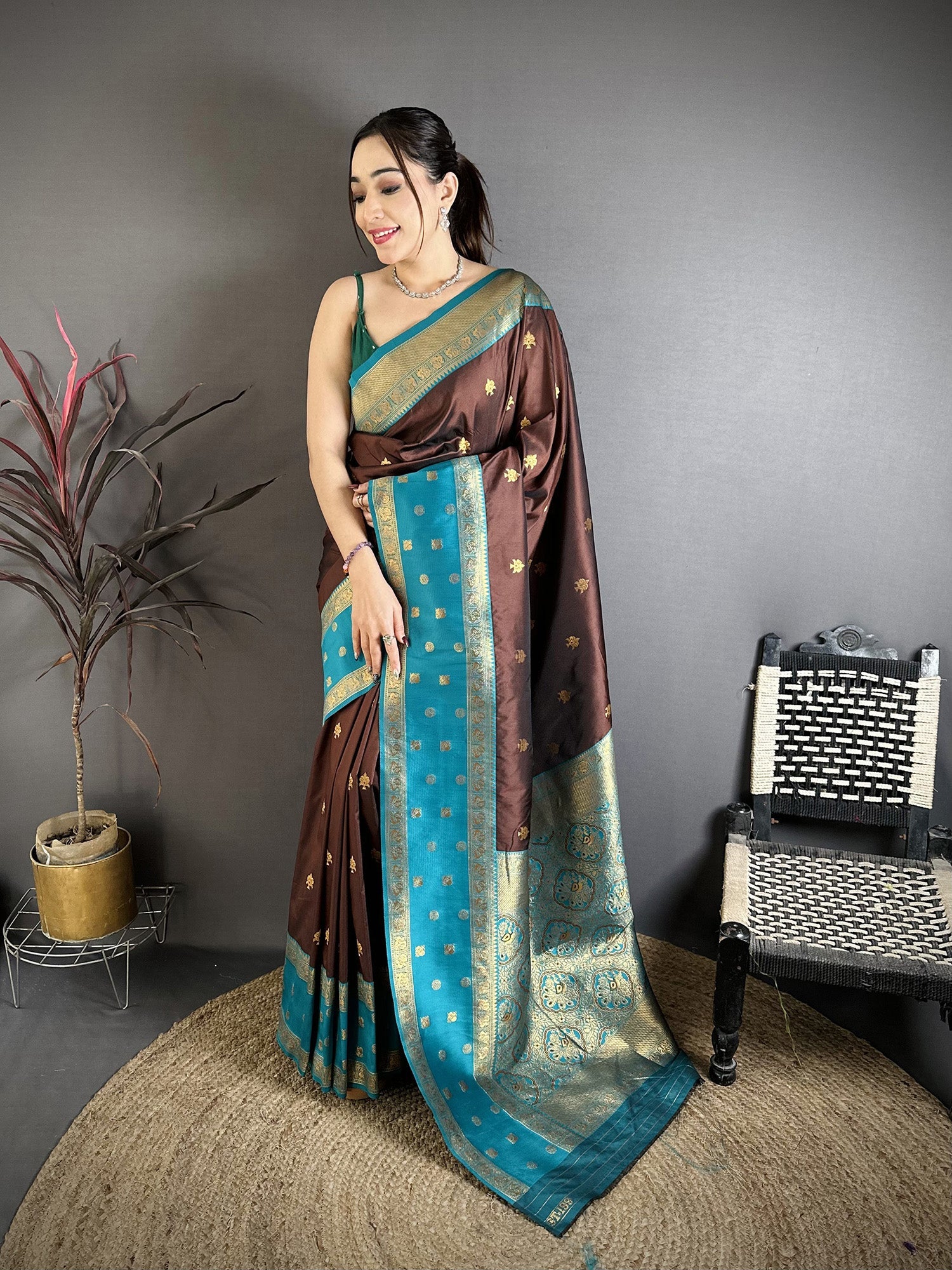 Elora Coffee Brown Soft Silk Small Floral Zari Butti Gold Zari Weaving Banarasi Saree | Grocsy