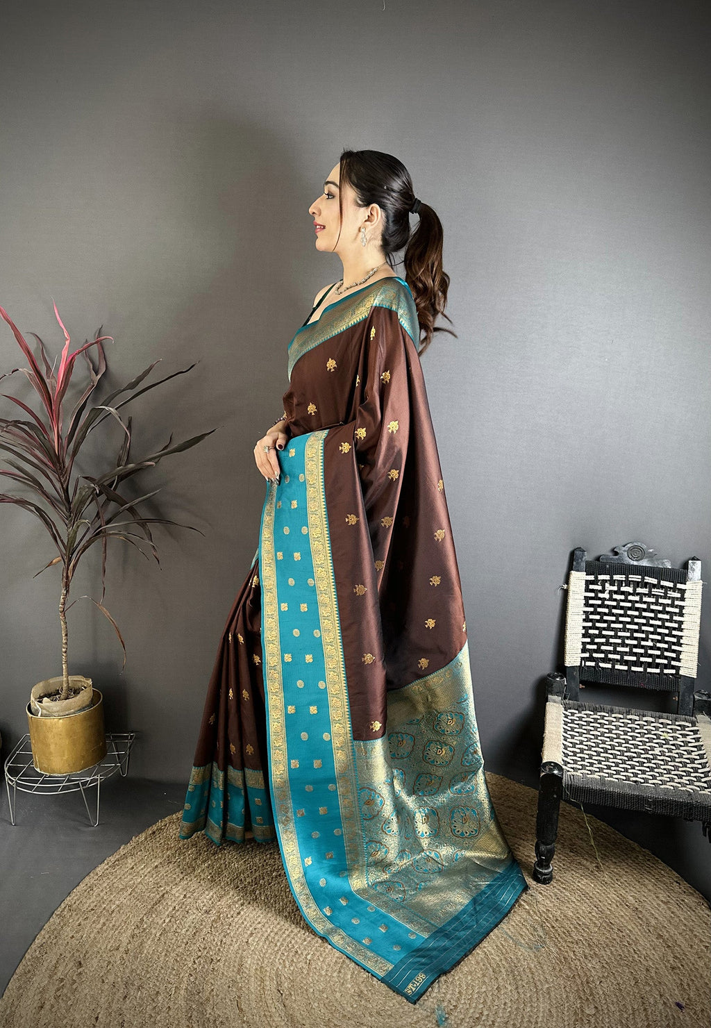 Elora Coffee Brown Soft Silk Small Floral Zari Butti Gold Zari Weaving Banarasi Saree | Grocsy