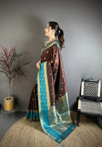 Elora Coffee Brown Soft Silk Small Floral Zari Butti Gold Zari Weaving Banarasi Saree | Grocsy