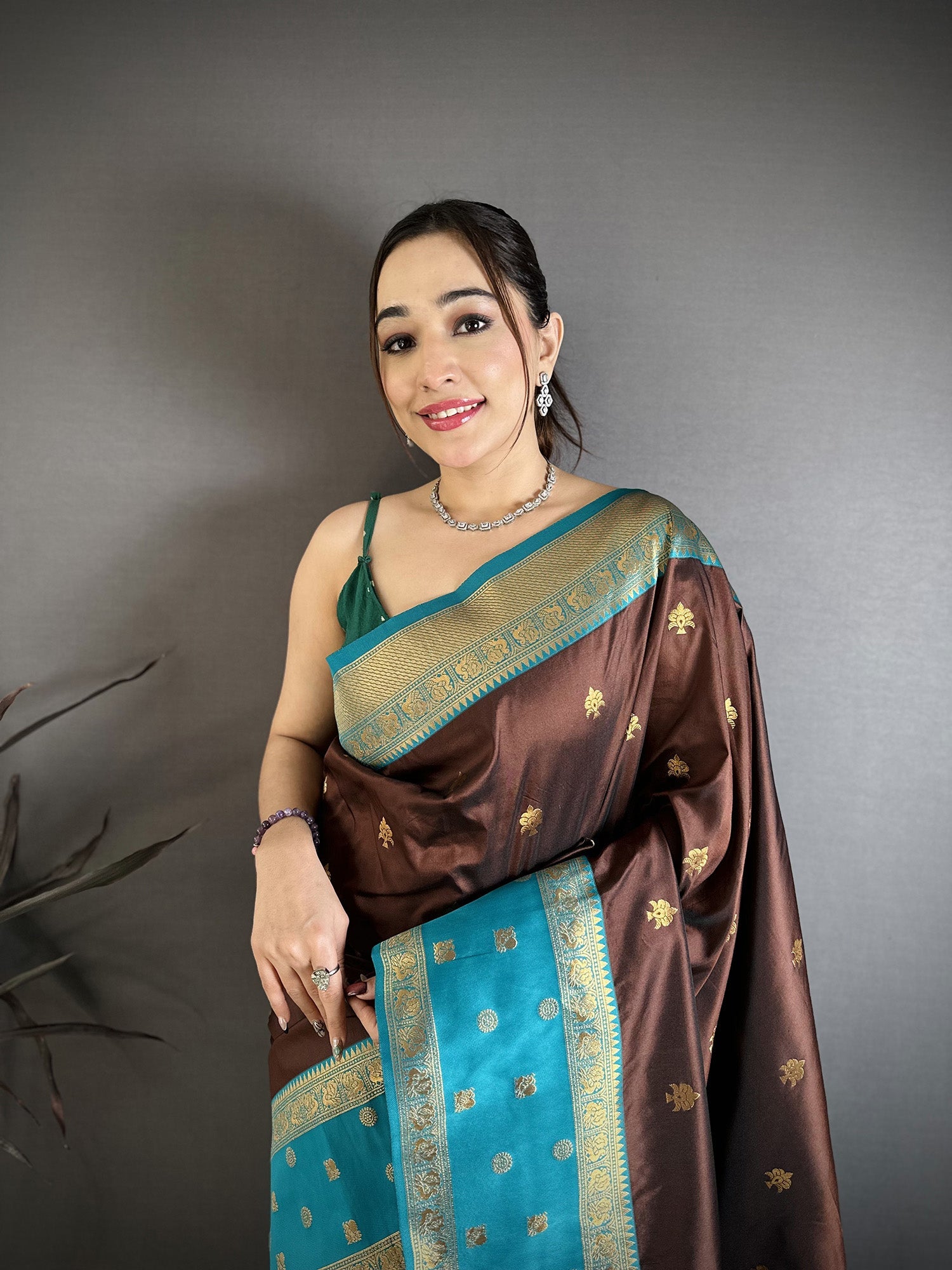 Elora Coffee Brown Soft Silk Small Floral Zari Butti Gold Zari Weaving Banarasi Saree | Grocsy