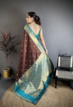 Elora Coffee Brown Soft Silk Small Floral Zari Butti Gold Zari Weaving Banarasi Saree | Grocsy