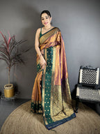 Elora Copper Soft Silk Small Floral Zari Butti Gold Zari Weaving Banarasi Saree | Grocsy