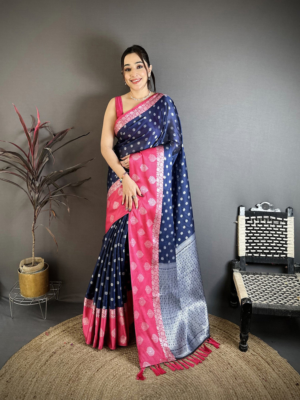 Elora Navy Blue Soft Silk Silver Zari Butti Banarasi Saree | Grocsy