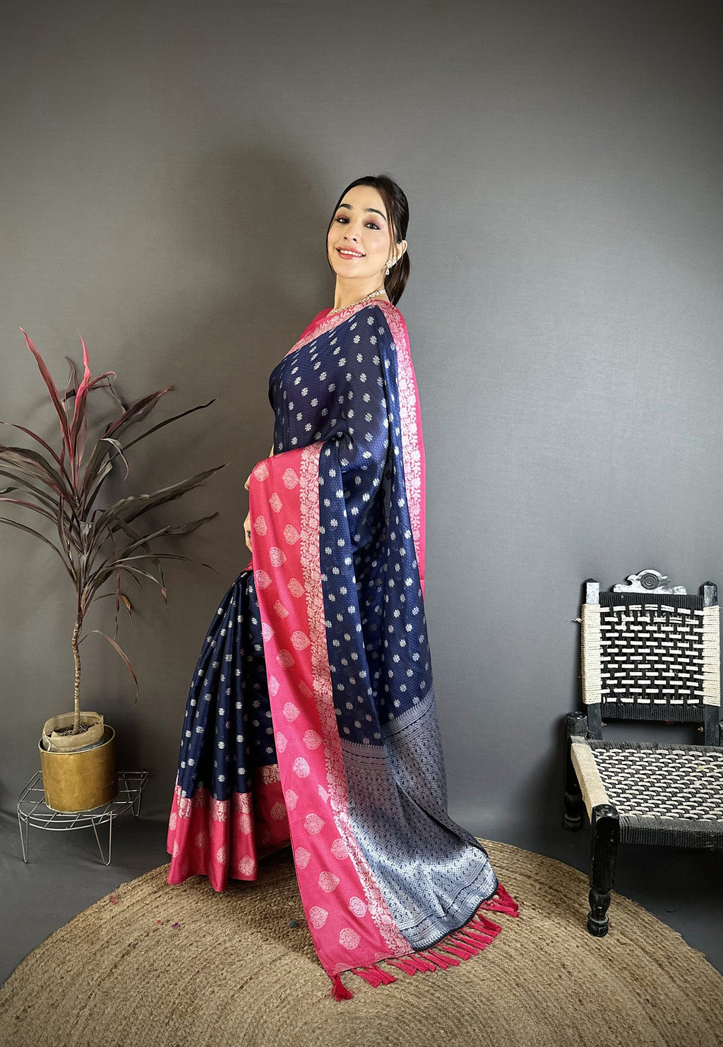 Elora Navy Blue Soft Silk Silver Zari Butti Banarasi Saree | Grocsy