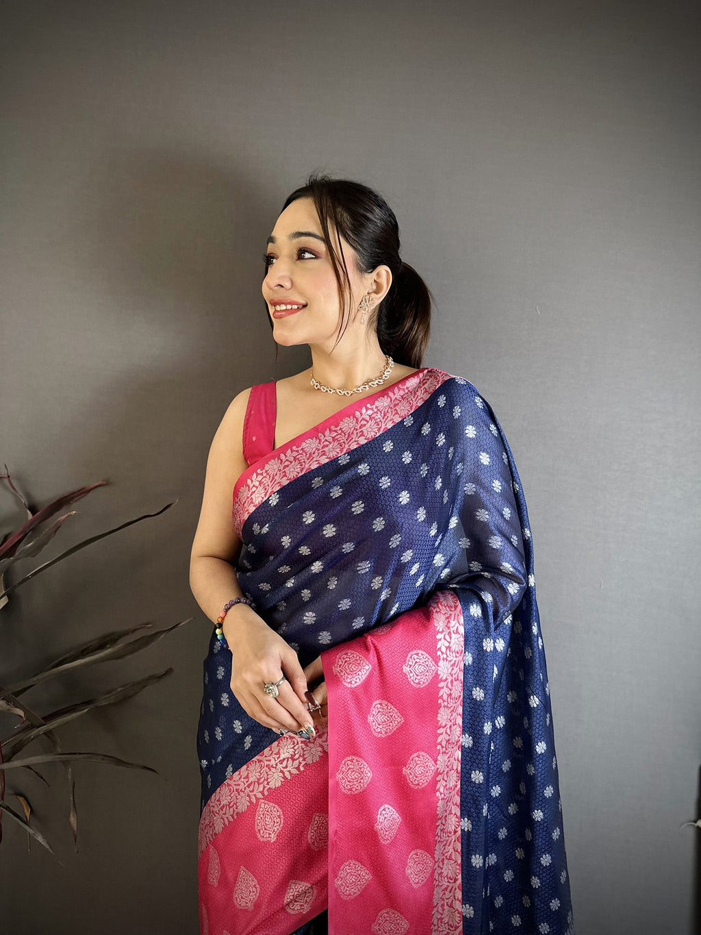 Elora Navy Blue Soft Silk Silver Zari Butti Banarasi Saree | Grocsy