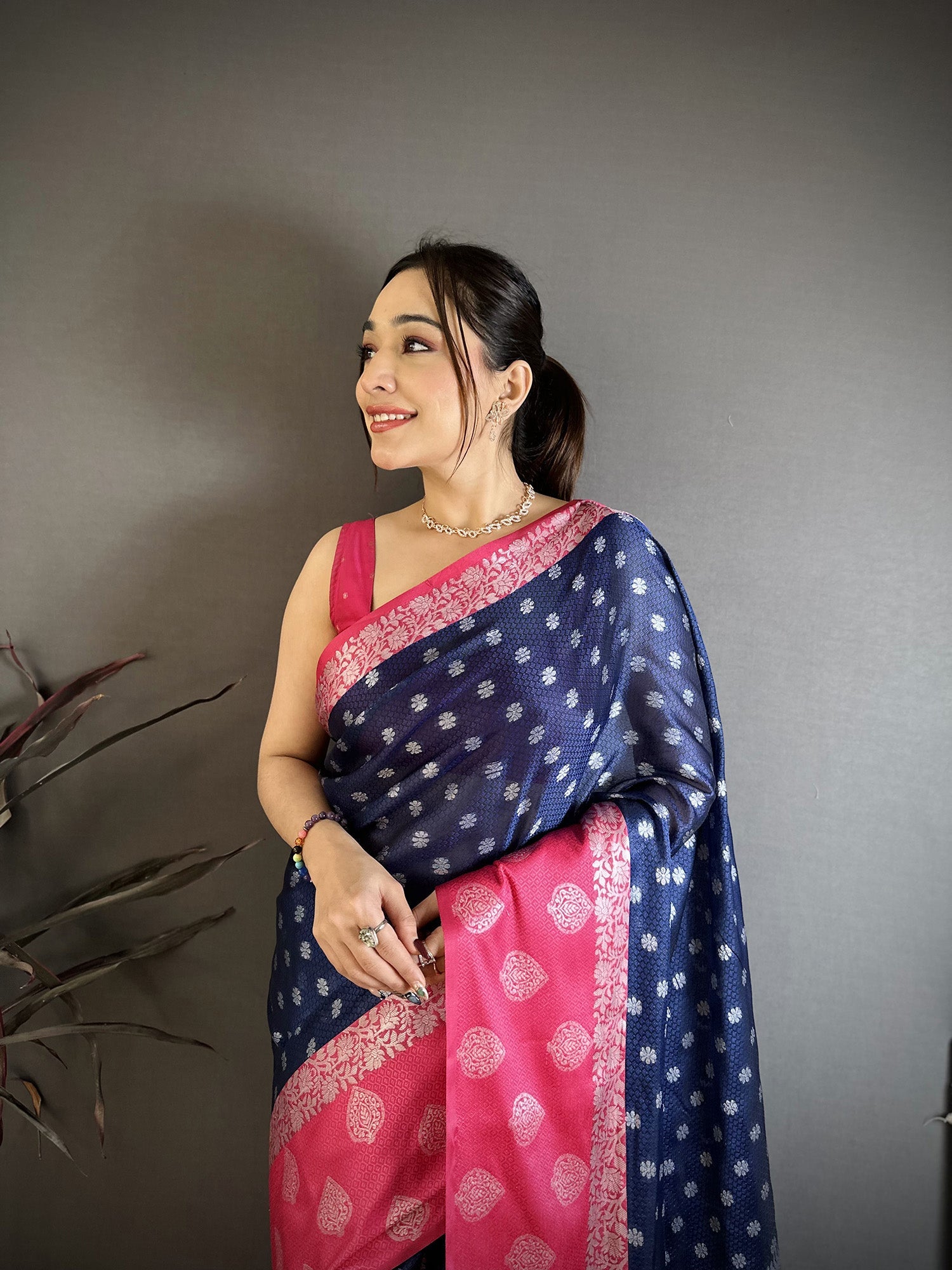 Elora Navy Blue Soft Silk Silver Zari Butti Banarasi Saree | Grocsy