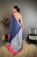 Elora Navy Blue Soft Silk Silver Zari Butti Banarasi Saree | Grocsy