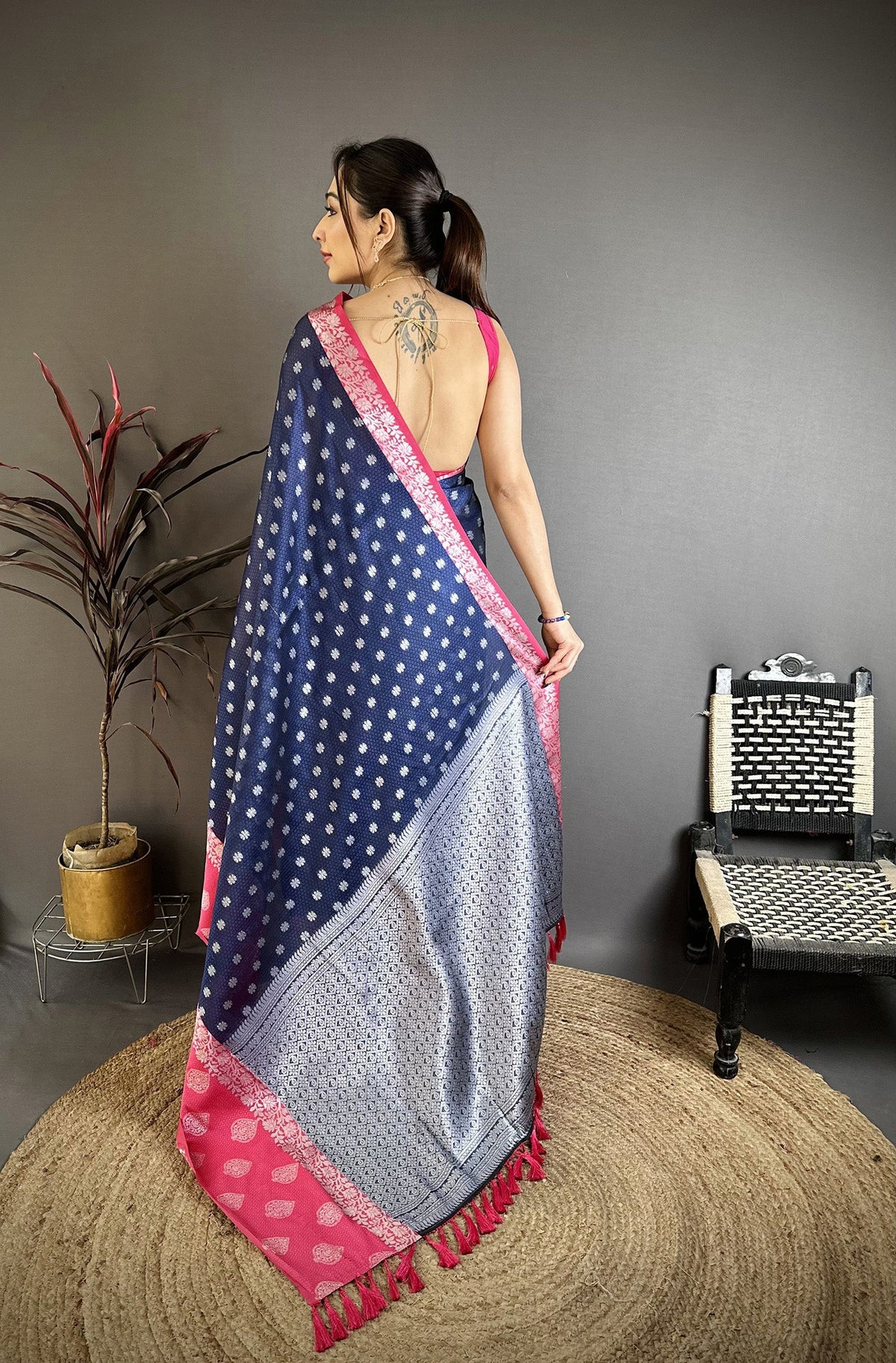 Elora Navy Blue Soft Silk Silver Zari Butti Banarasi Saree | Grocsy