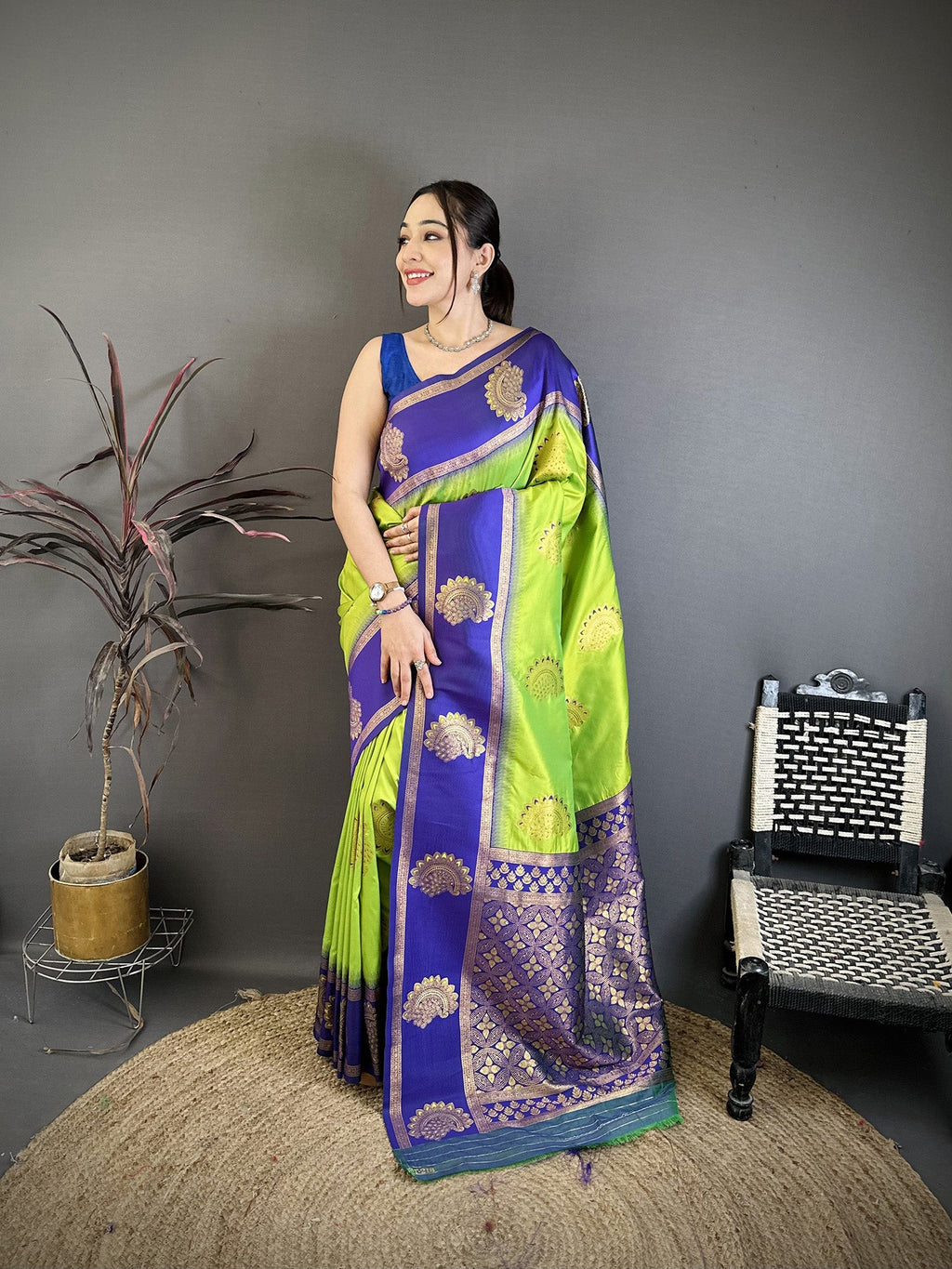 Elora Parrot Green Soft Silk Gold Zari Woven Butta Banarasi Saree | Grocsy