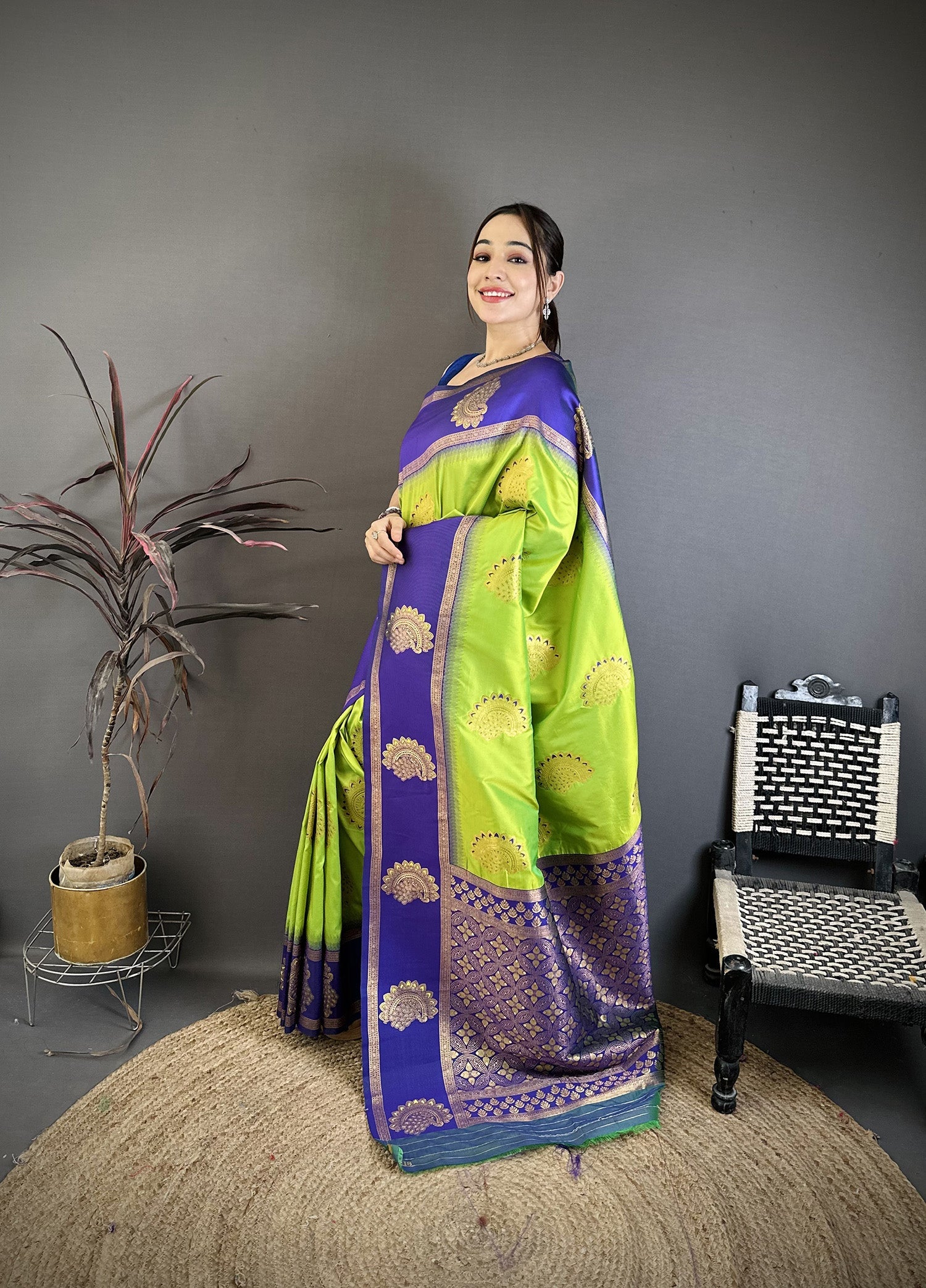 Elora Parrot Green Soft Silk Gold Zari Woven Butta Banarasi Saree | Grocsy