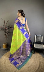Elora Parrot Green Soft Silk Gold Zari Woven Butta Banarasi Saree | Grocsy