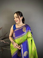 Elora Parrot Green Soft Silk Gold Zari Woven Butta Banarasi Saree | Grocsy