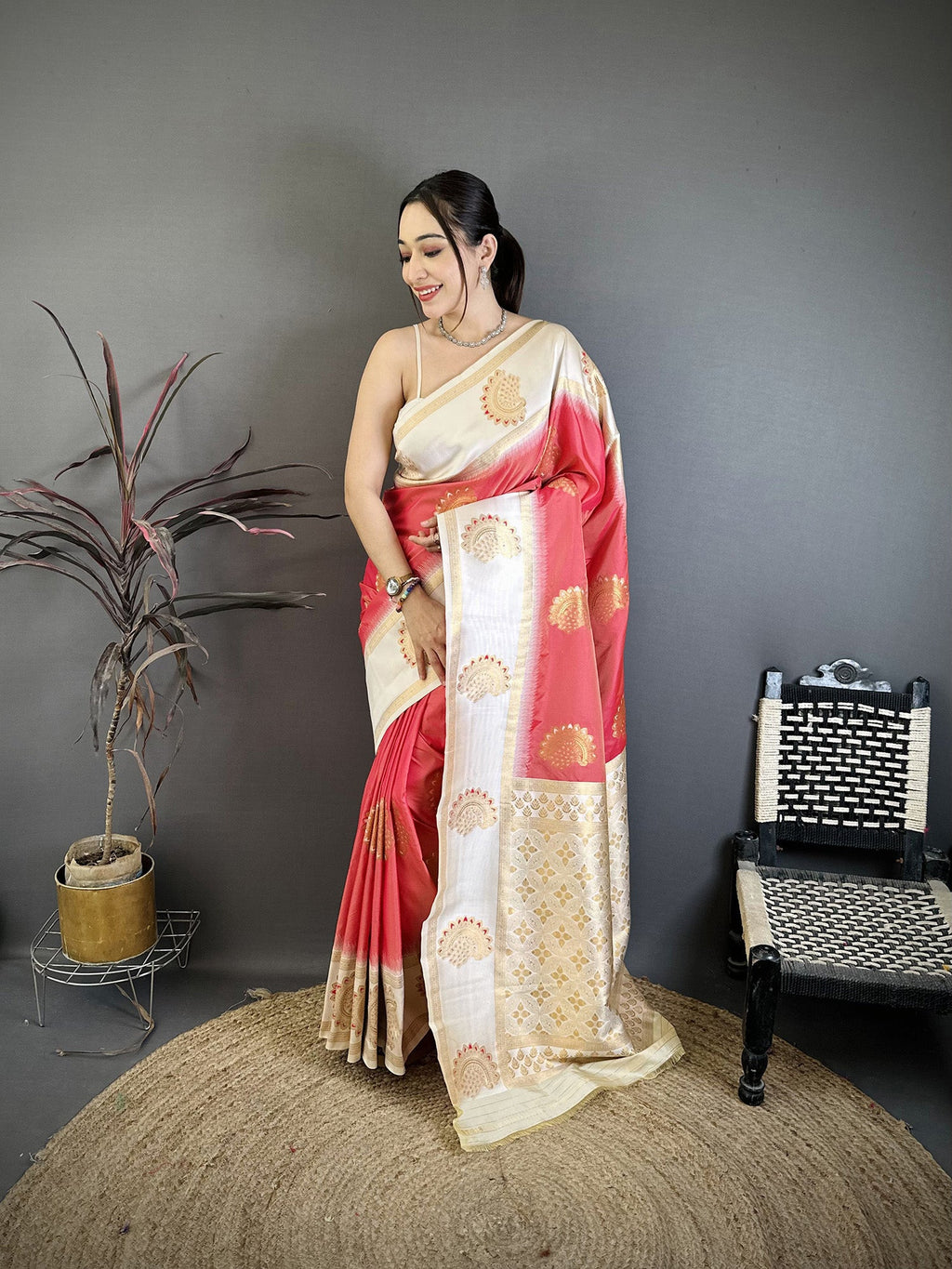 Elora Coral Soft Silk Gold Zari Woven Butta Banarasi Saree | Grocsy