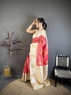 Elora Coral Soft Silk Gold Zari Woven Butta Banarasi Saree | Grocsy