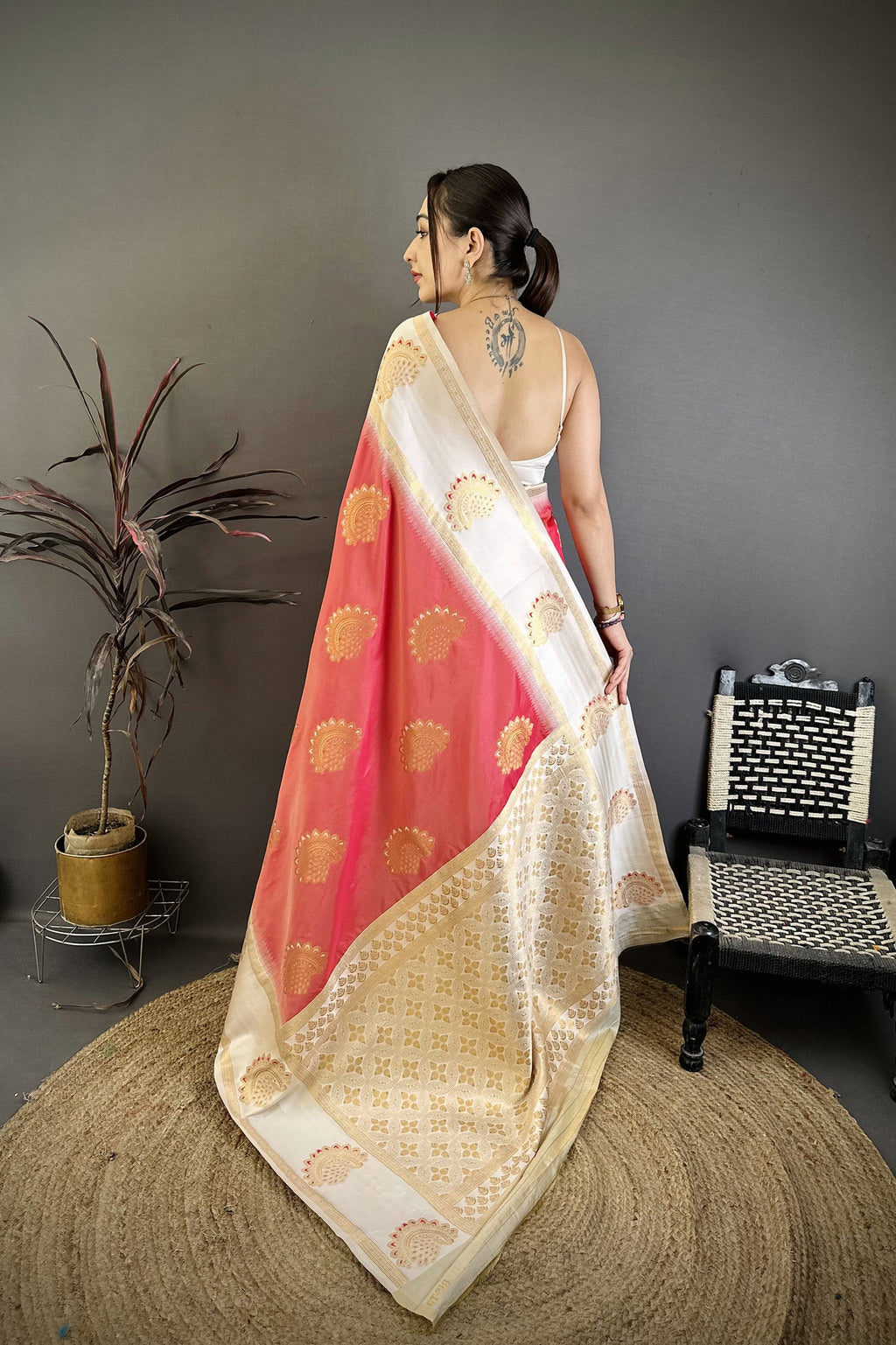 Elora Coral Soft Silk Gold Zari Woven Butta Banarasi Saree | Grocsy