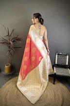 Elora Coral Soft Silk Gold Zari Woven Butta Banarasi Saree | Grocsy