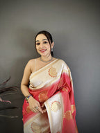 Elora Coral Soft Silk Gold Zari Woven Butta Banarasi Saree | Grocsy