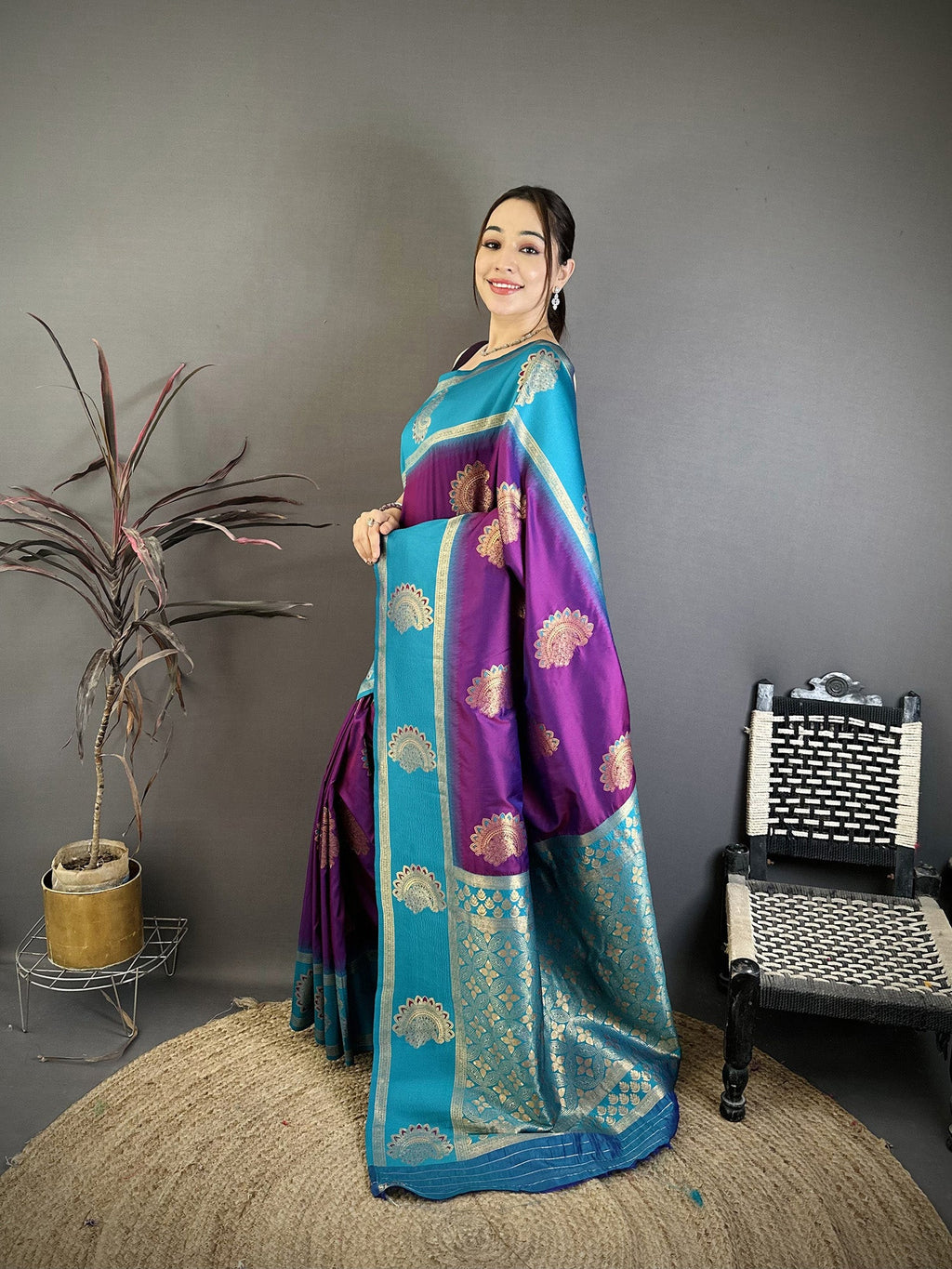 Elora Violet Soft Silk Gold Zari Woven Butta Banarasi Saree | Grocsy