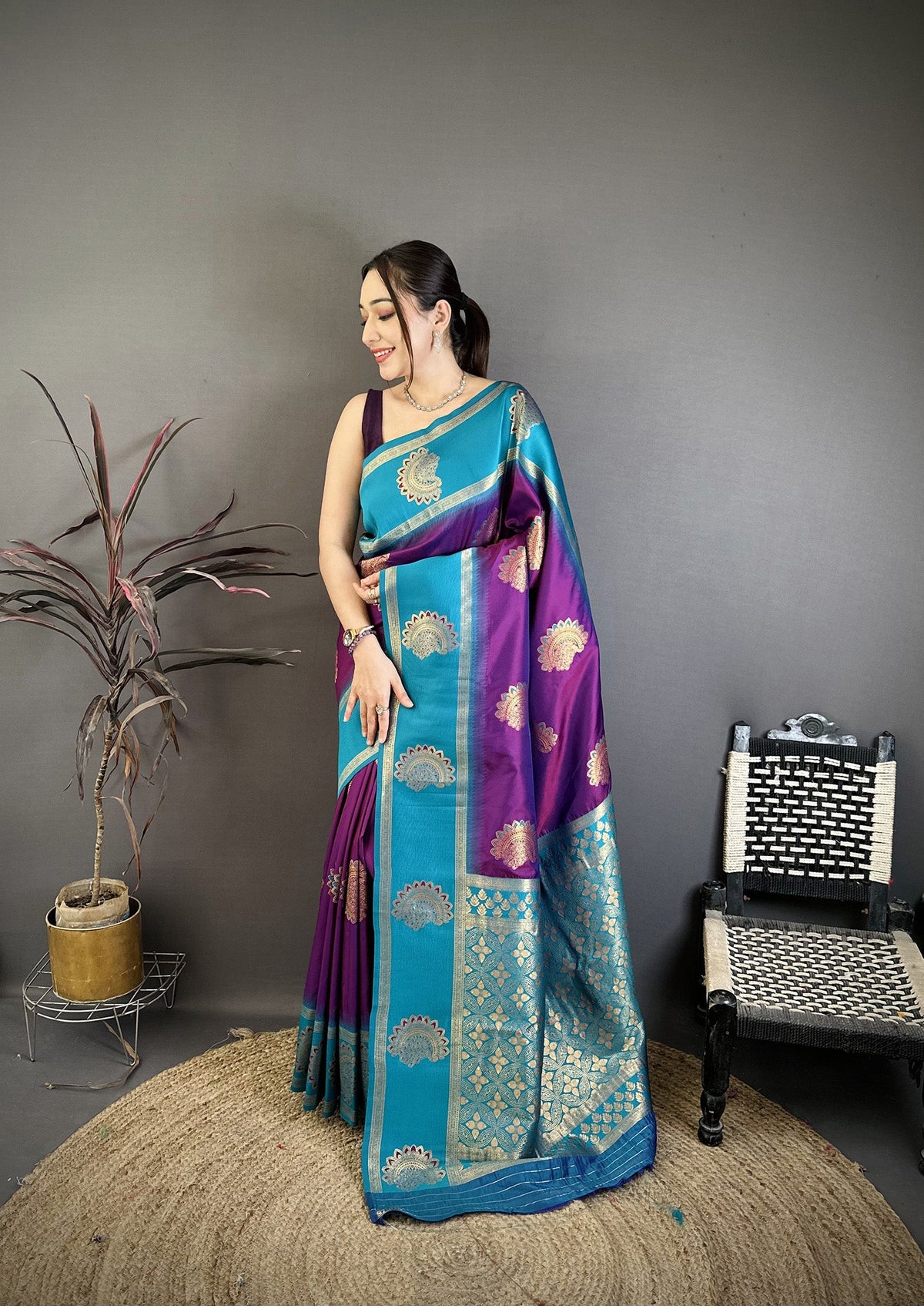 Elora Violet Soft Silk Gold Zari Woven Butta Banarasi Saree | Grocsy