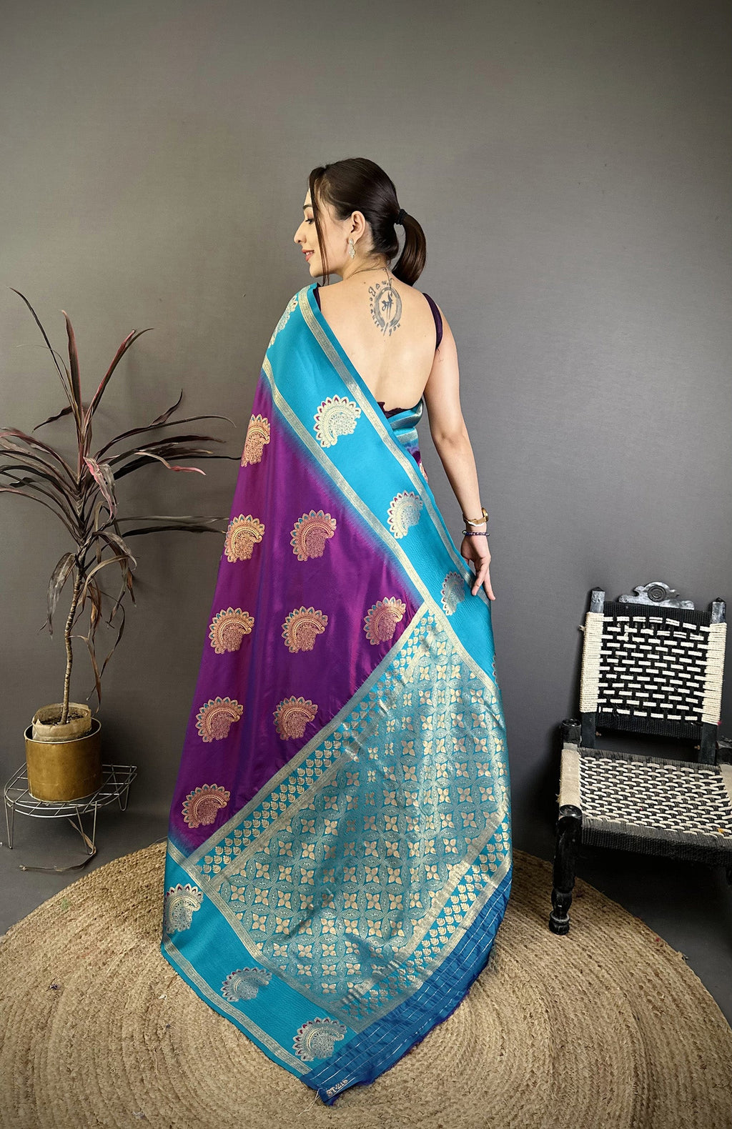 Elora Violet Soft Silk Gold Zari Woven Butta Banarasi Saree | Grocsy