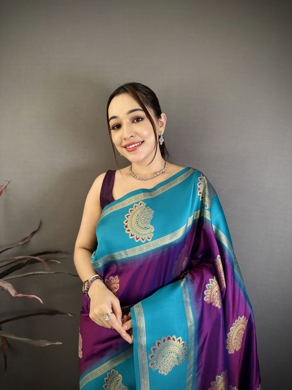 Elora Violet Soft Silk Gold Zari Woven Butta Banarasi Saree | Grocsy