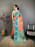 Elora Peach Soft Silk Gold Zari Woven Butta Banarasi Saree | Grocsy